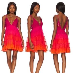 Rococo Sand Skye Mini Dress Tiered V Neck Tassels Pink Orange Large Beachy Boho
